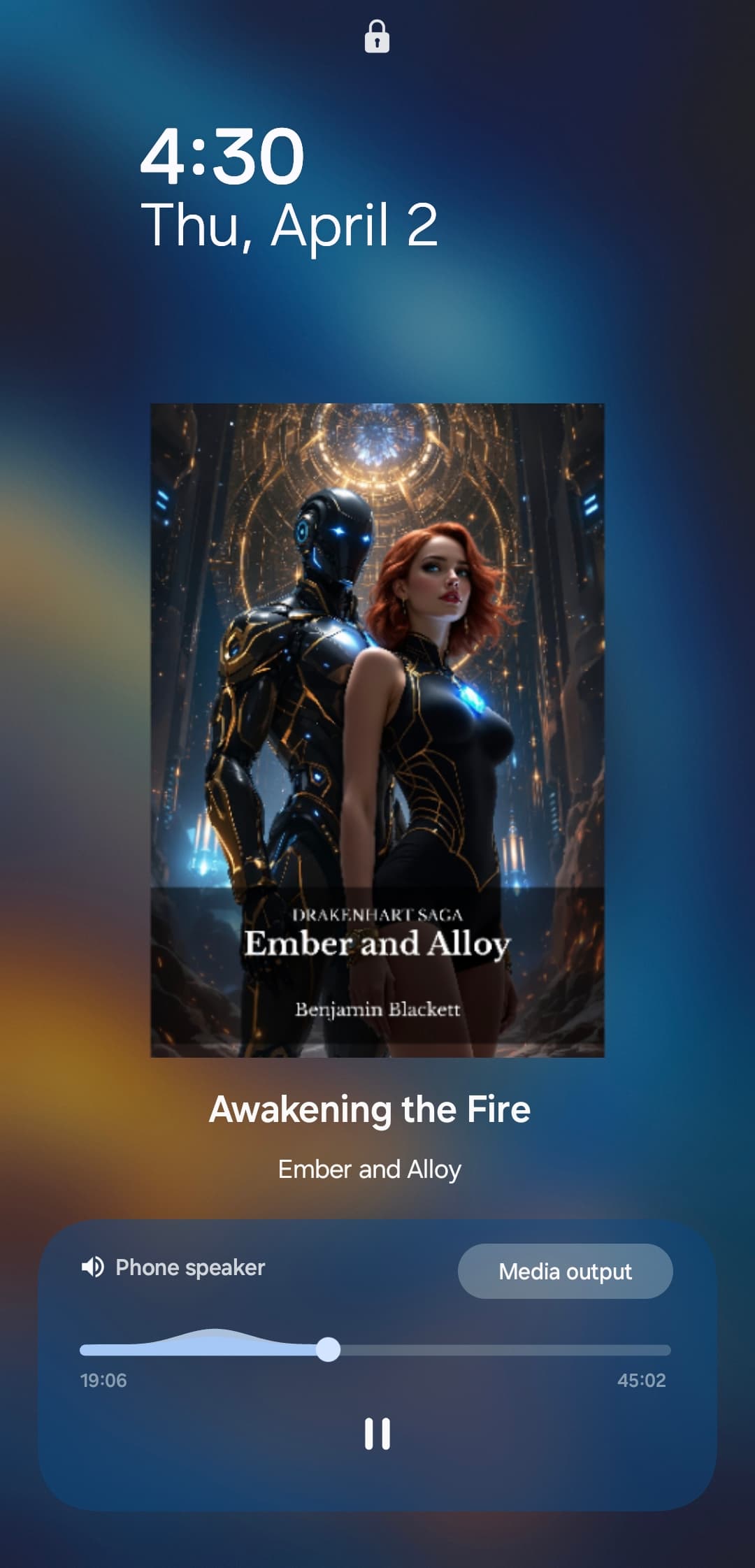 iOS lock screen showing Novelmint audio controls — cover art, chapter title, scrubber